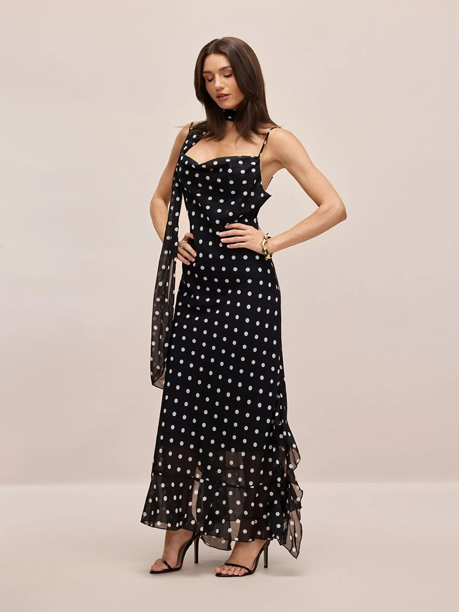 Adelia Sleeveless Polka Dot Scarf Collar Ruffled Maxi Dress