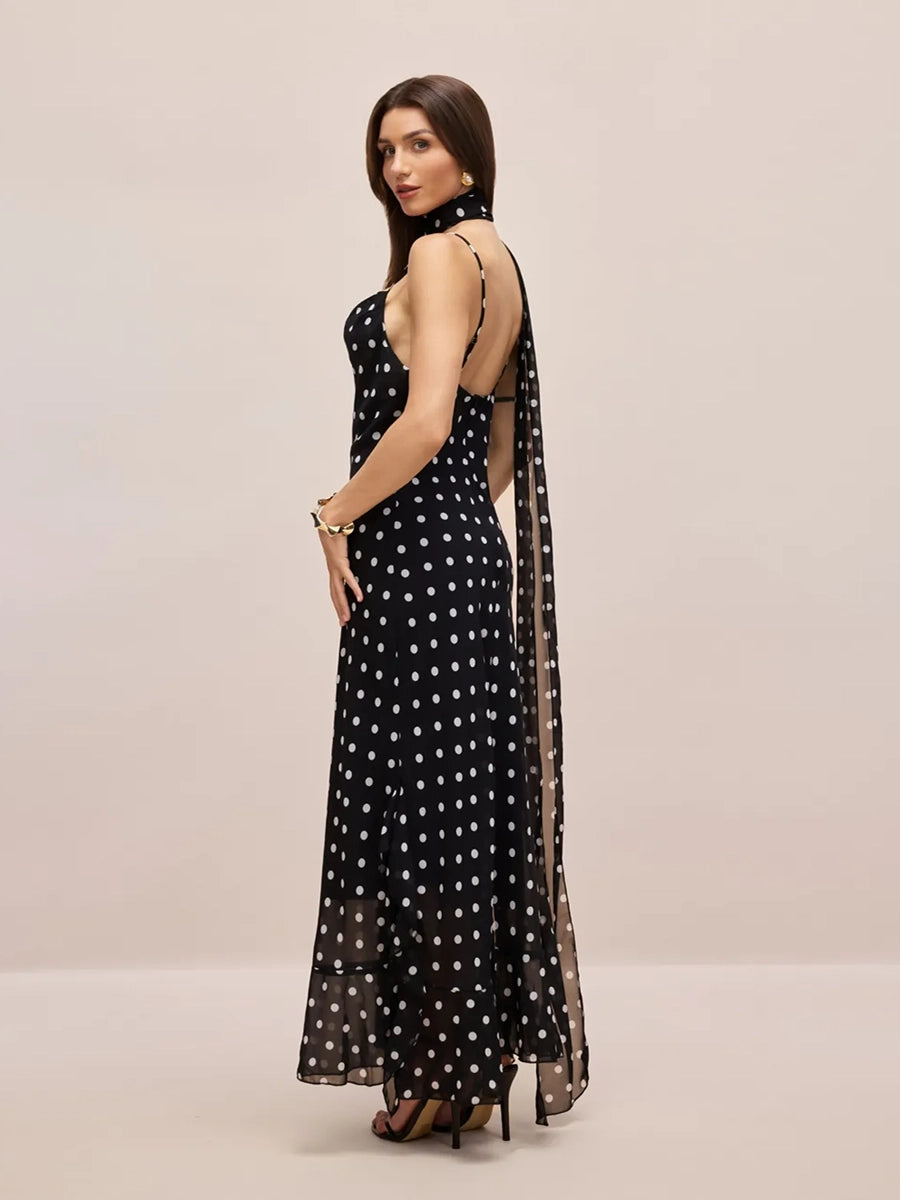 Adelia Sleeveless Polka Dot Scarf Collar Ruffled Maxi Dress