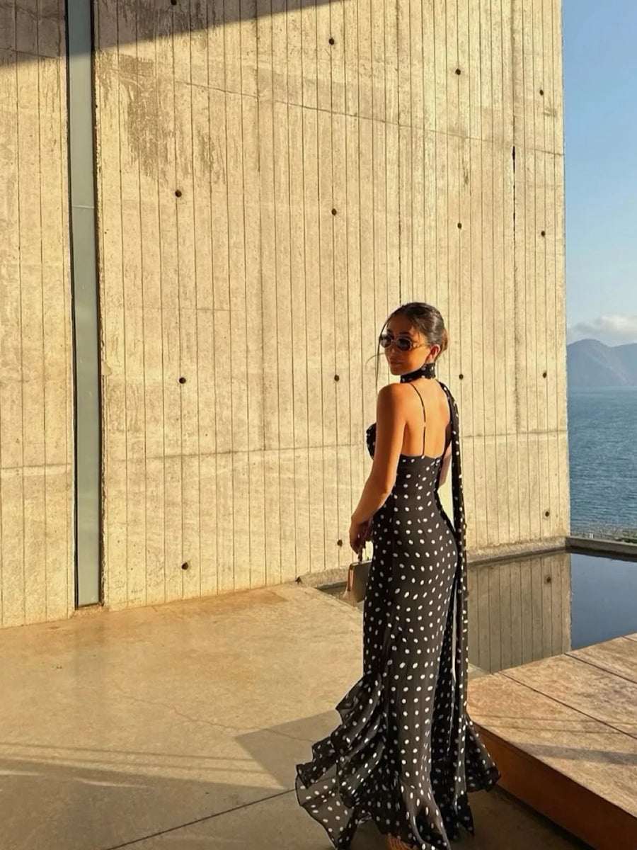 Adelia Sleeveless Polka Dot Scarf Collar Ruffled Maxi Dress