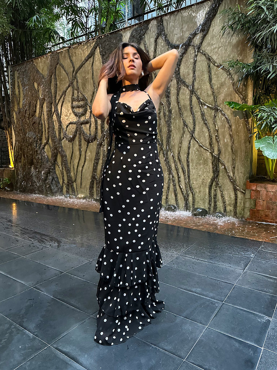 Adelia Sleeveless Polka Dot Scarf Collar Ruffled Maxi Dress