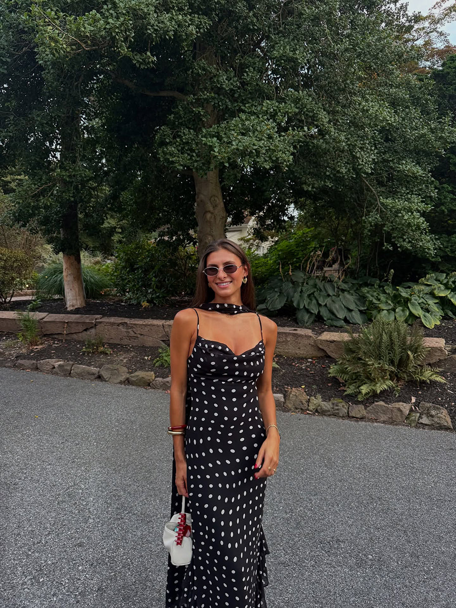 Adelia Sleeveless Polka Dot Scarf Collar Ruffled Maxi Dress