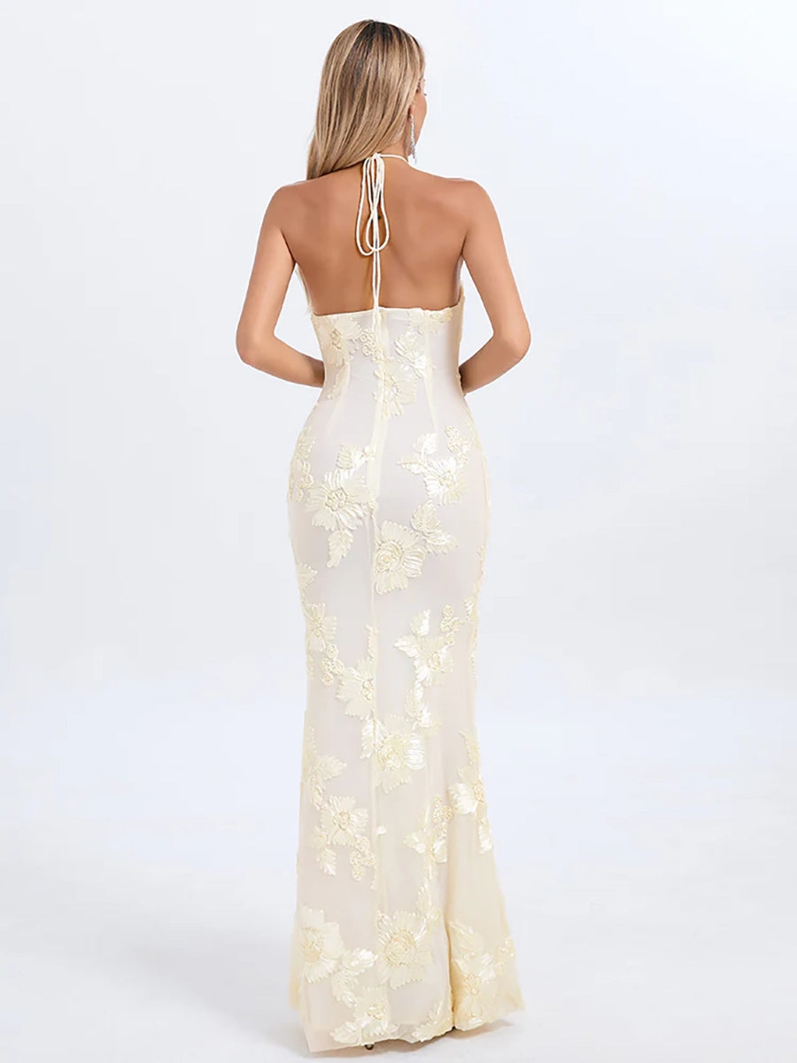 Aeby Cream Floral Halter Neck Mermaid Gown