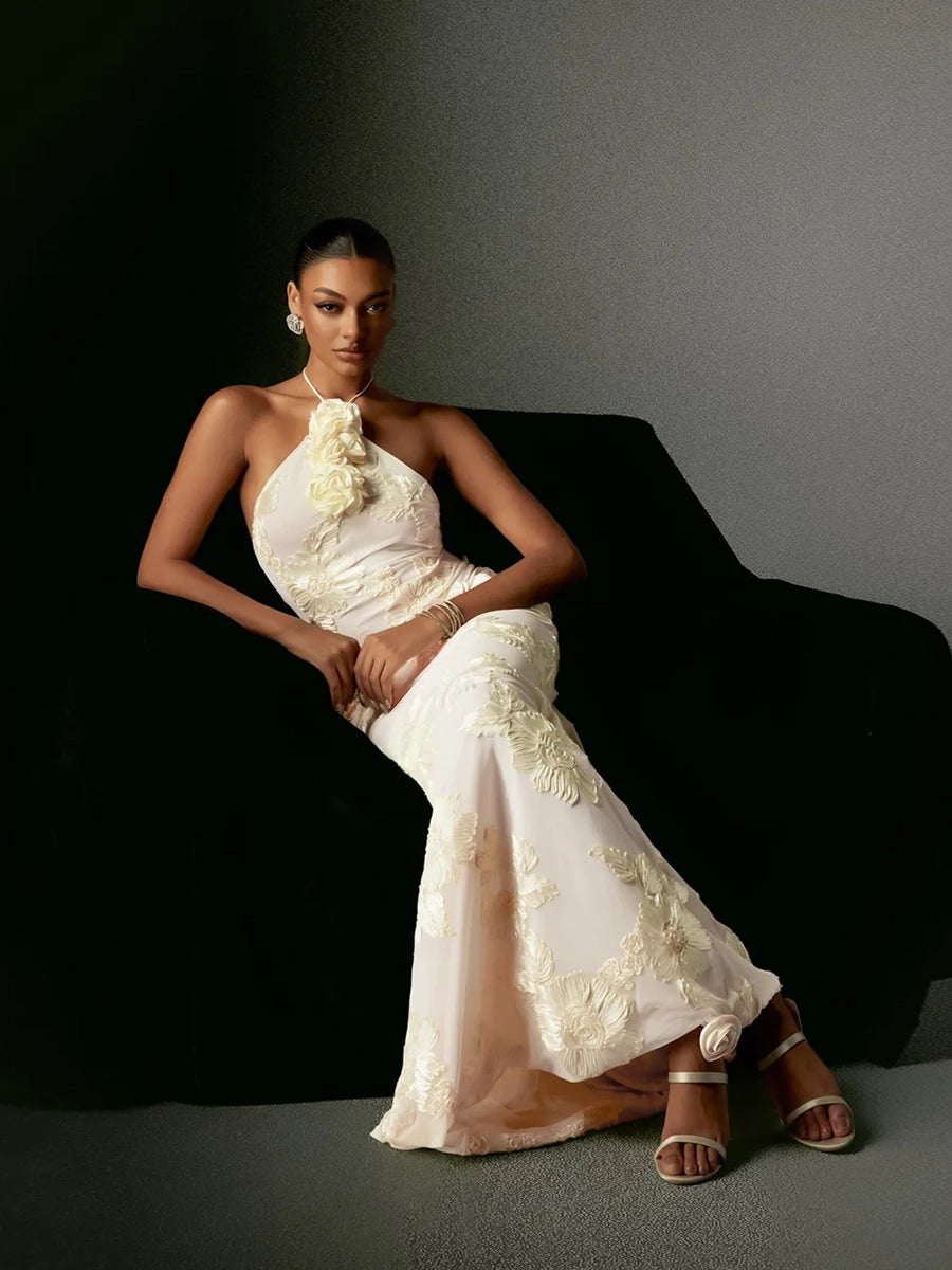 Aeby Cream Floral Halter Neck Mermaid Gown