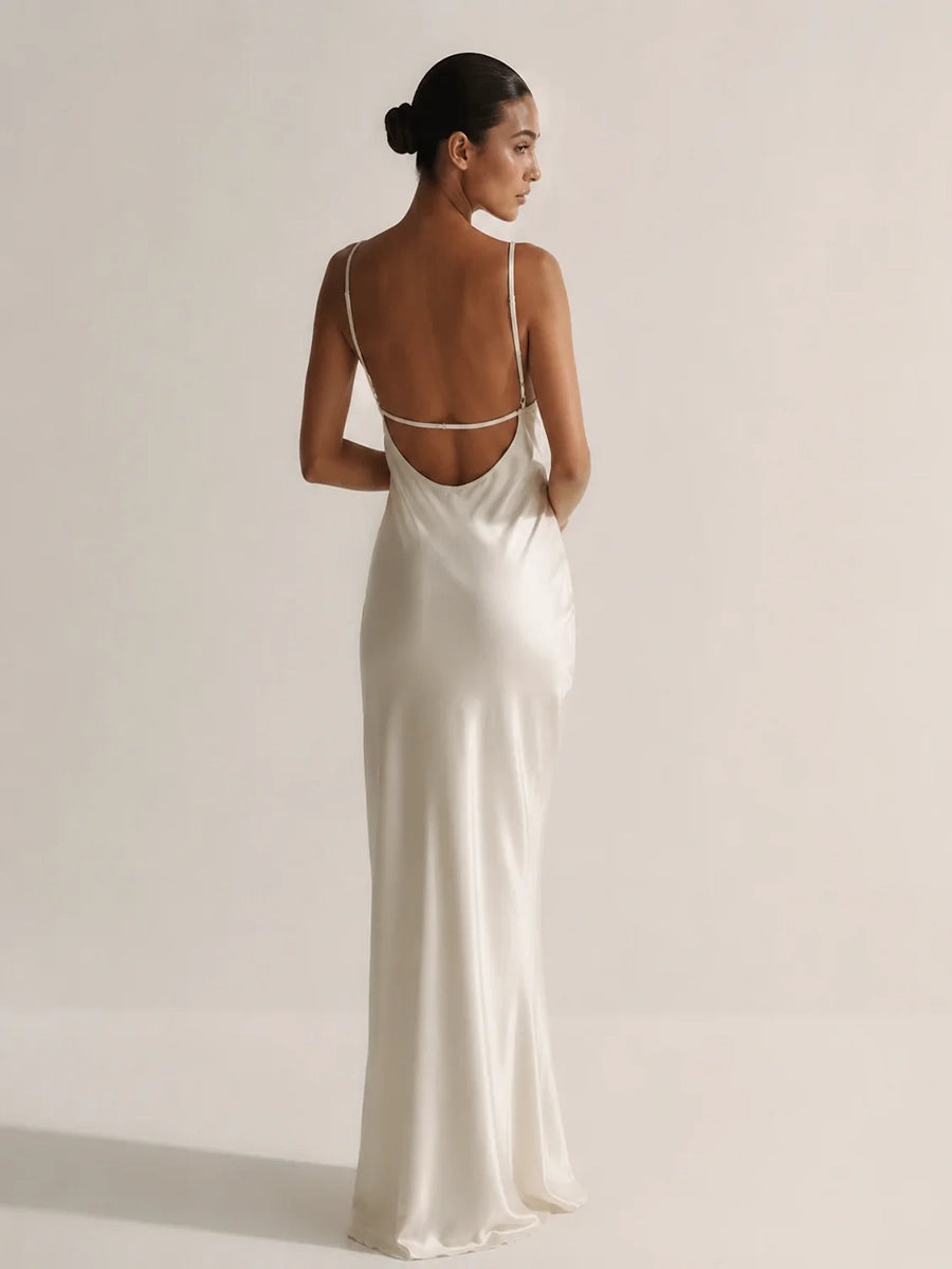 Aenessa V-neck Lace Panel Long Satin Slip Dress