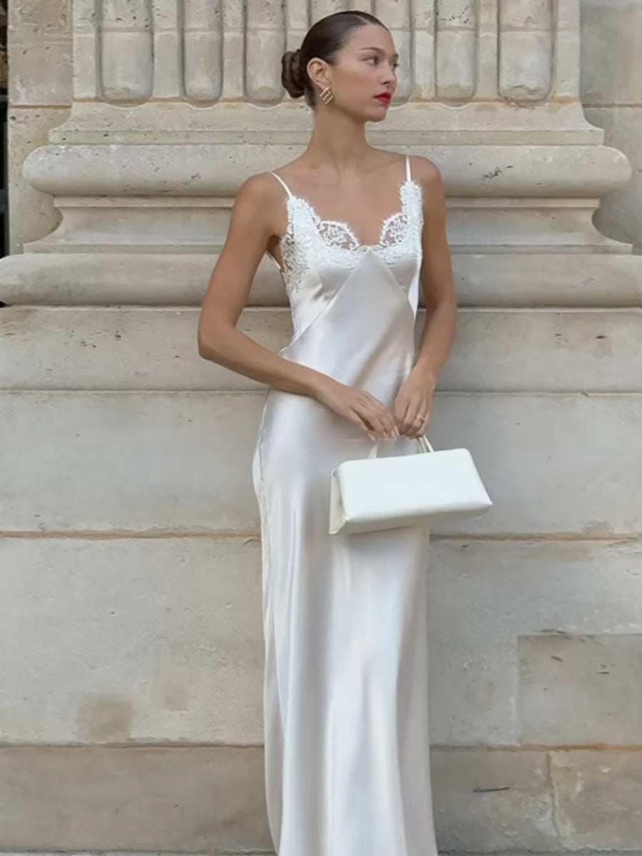 Aenessa V-neck Lace Panel Long Satin Slip Dress