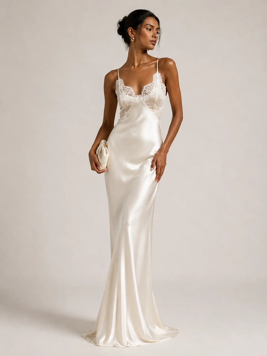 Aenessa V-neck Lace Panel Long Satin Slip Dress