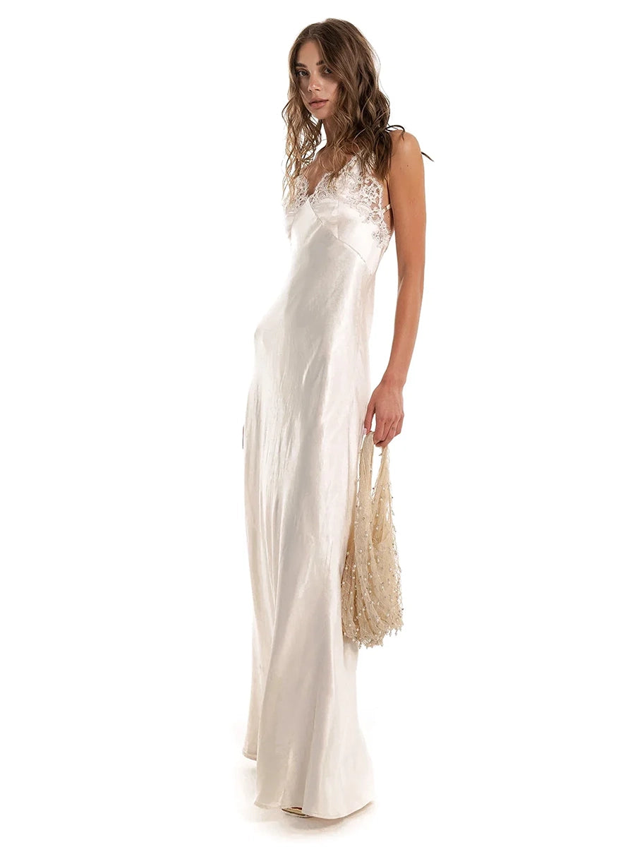 Aenessa V-neck Lace Panel Long Satin Slip Dress