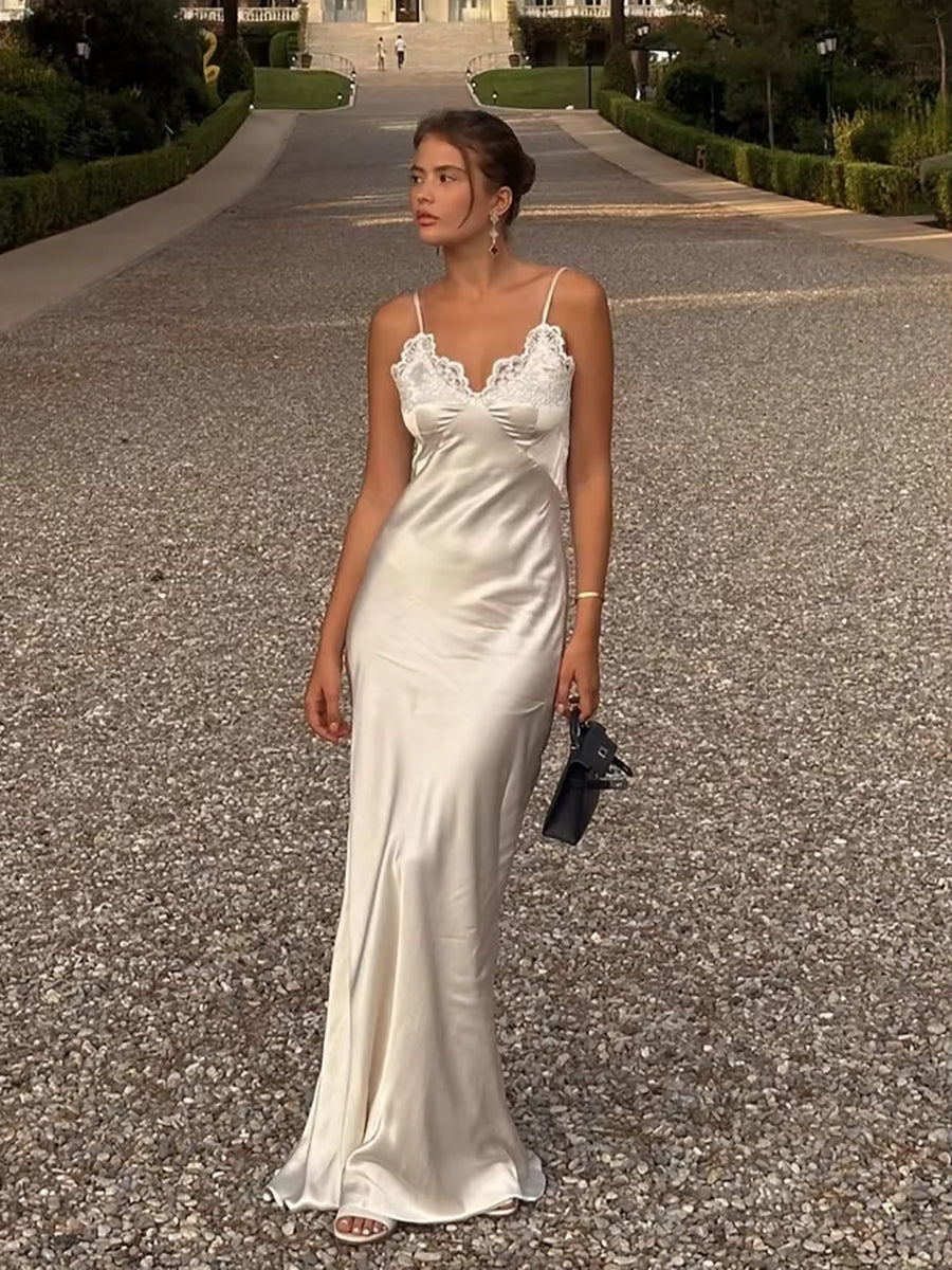 Aenessa V-neck Lace Panel Long Satin Slip Dress