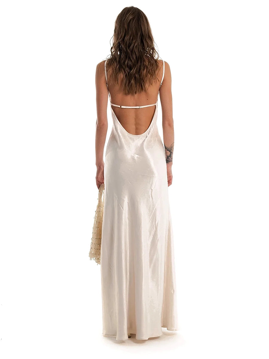 Aenessa V-neck Lace Panel Long Satin Slip Dress