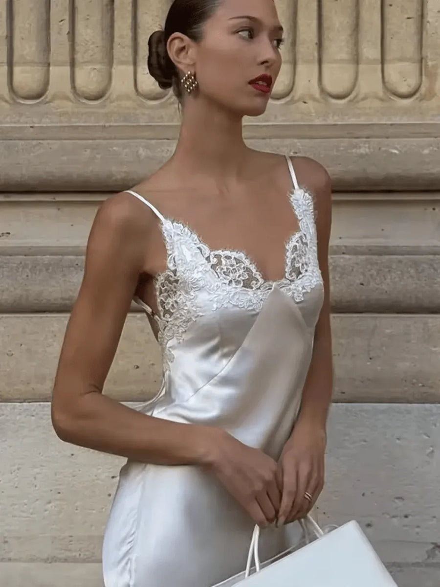 Aenessa V-neck Lace Panel Long Satin Slip Dress
