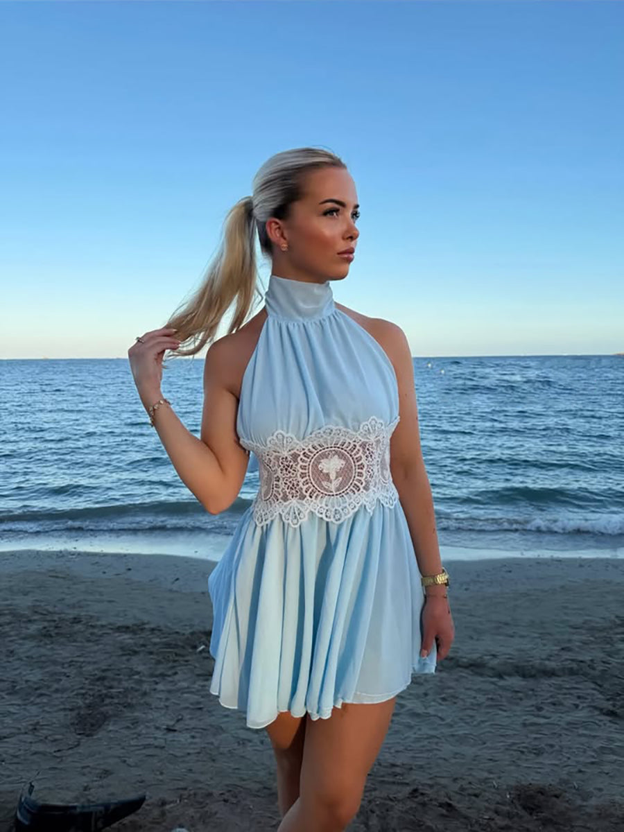 Aermin Backless Sleeveless Hollow Out Solid Mini Dress