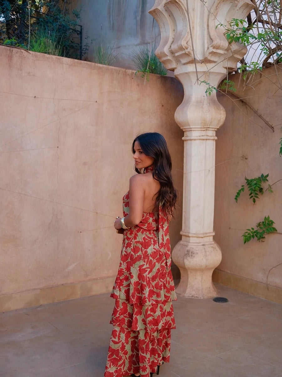 Agisell Vintage Floral Sleeveless Backless Ruffle Set Dress