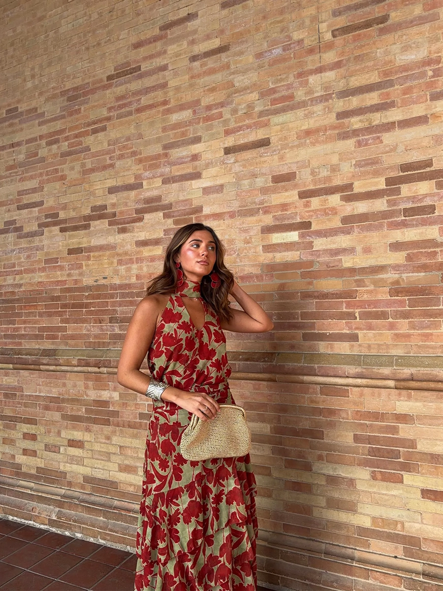 Agisell Vintage Floral Sleeveless Backless Ruffle Set Dress