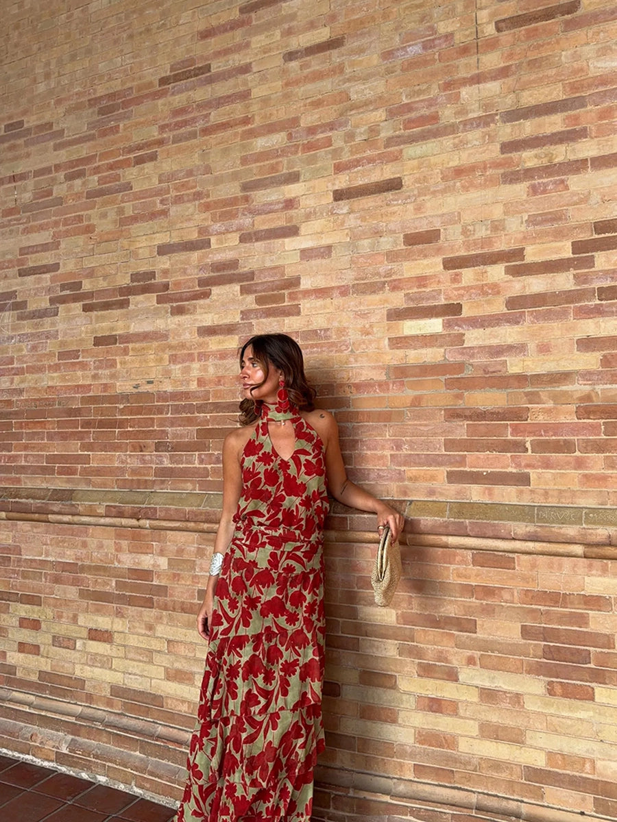 Agisell Vintage Floral Sleeveless Backless Ruffle Set Dress