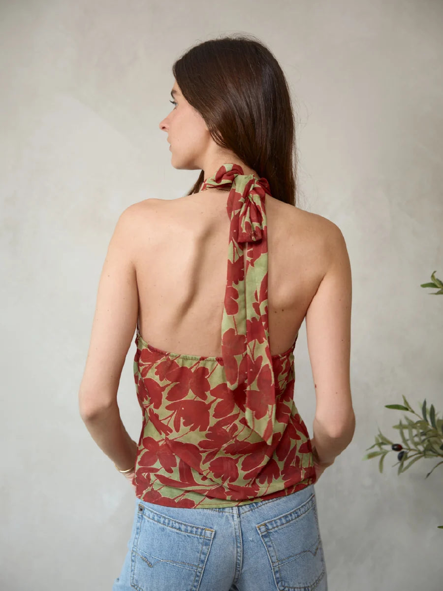 Agisell Vintage Floral Sleeveless Backless Ruffle Set Dress
