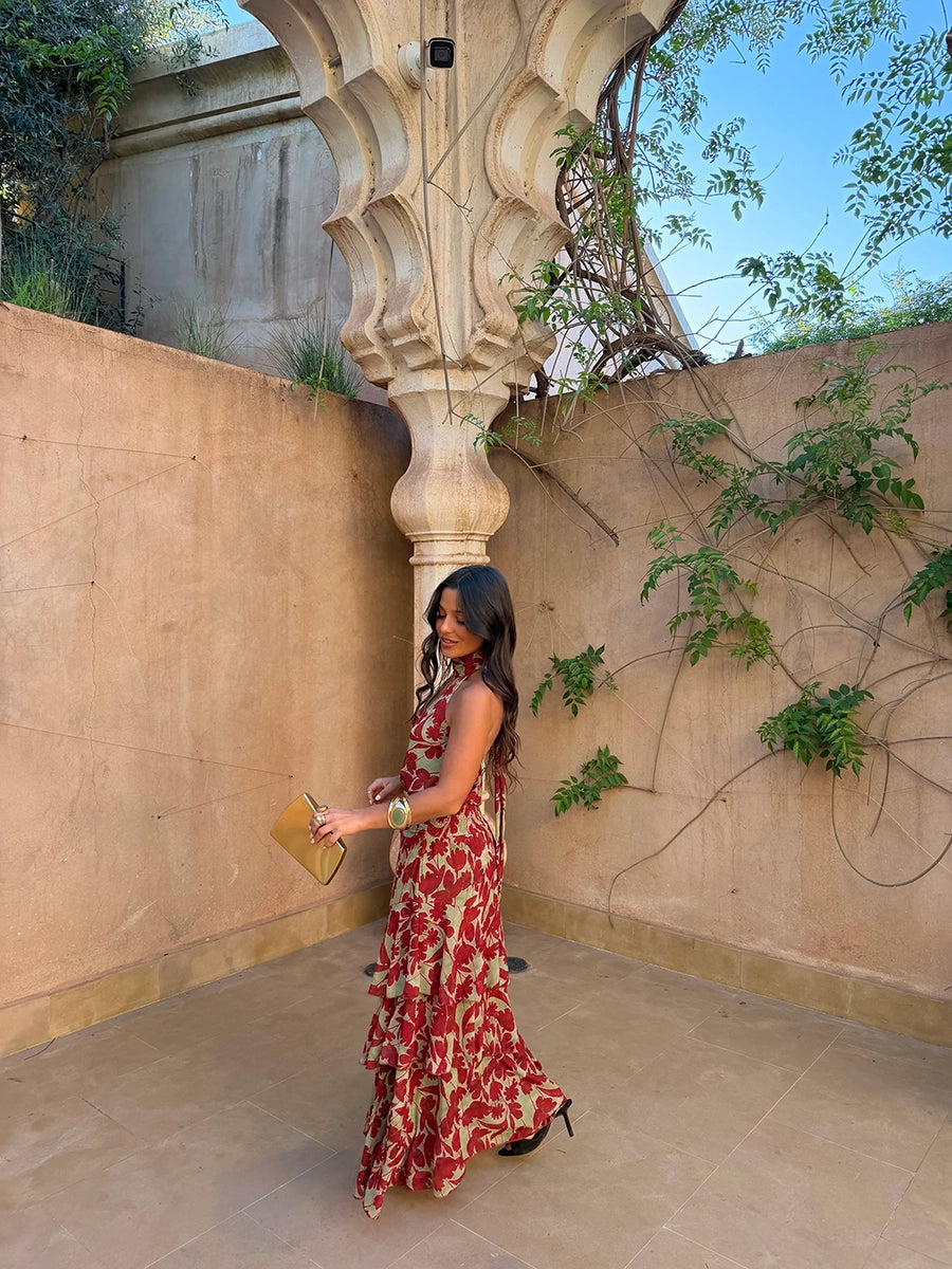Agisell Vintage Floral Sleeveless Backless Ruffle Set Dress