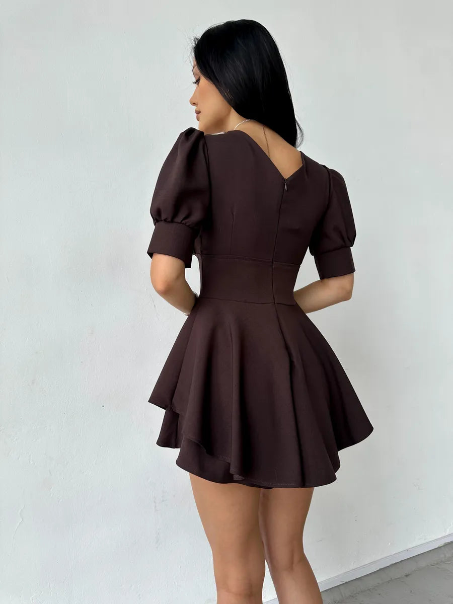 Ainne Solid Color Short Sleeve V-Neck Mini Dress