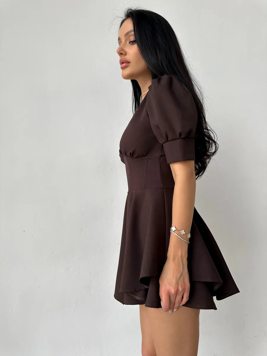 Ainne Solid Color Short Sleeve V-Neck Mini Dress