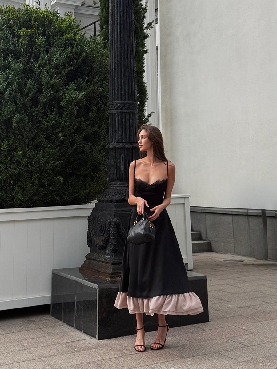 Aishima Elegant Lace Trim A-line Midi Dress
