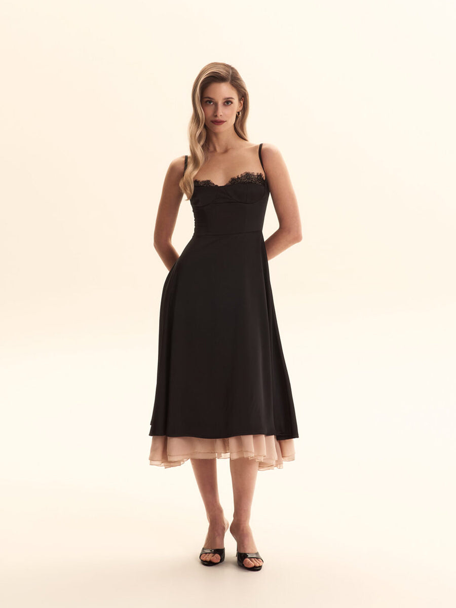 Aishima Elegant Lace Trim A-line Midi Dress