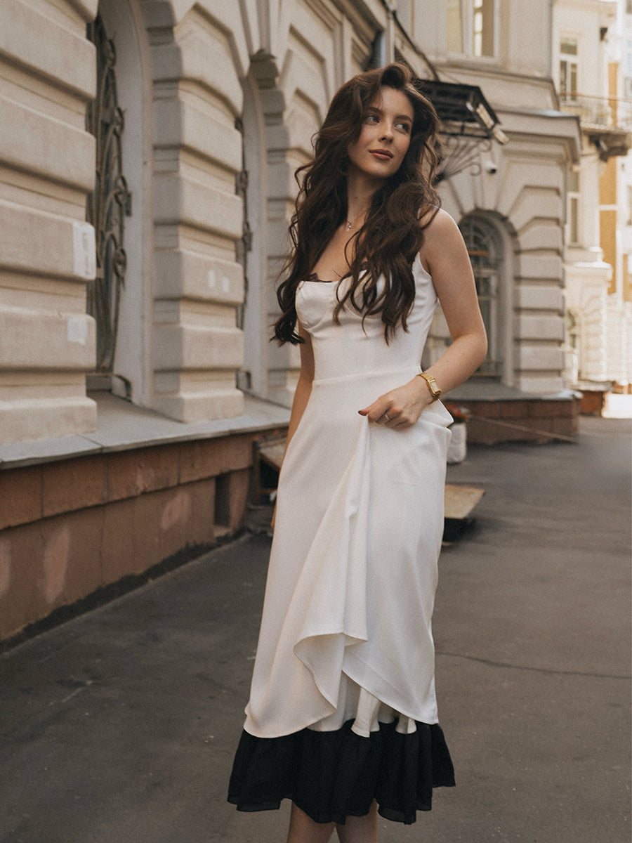 Aishima Elegant Lace Trim A-line Midi Dress