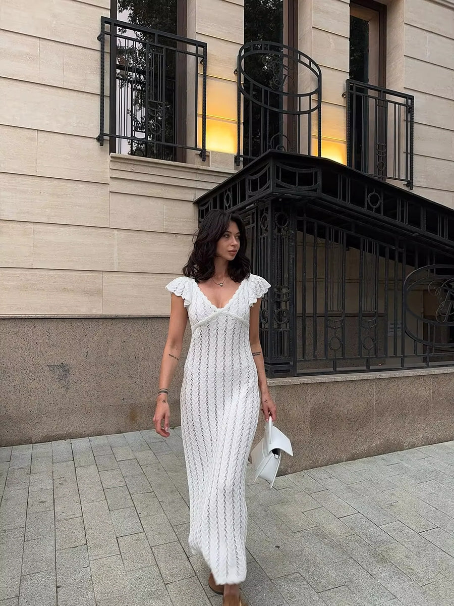 Akusum Sleeveless Crocheted Openwork Design V-Neck Dress
