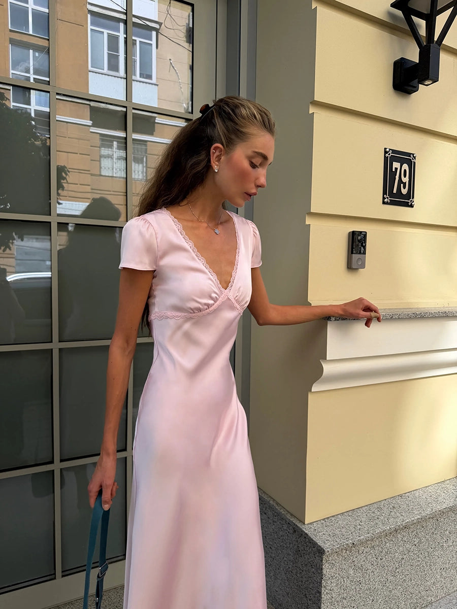 Aliyah Satin V Neck Lace Matched Dress