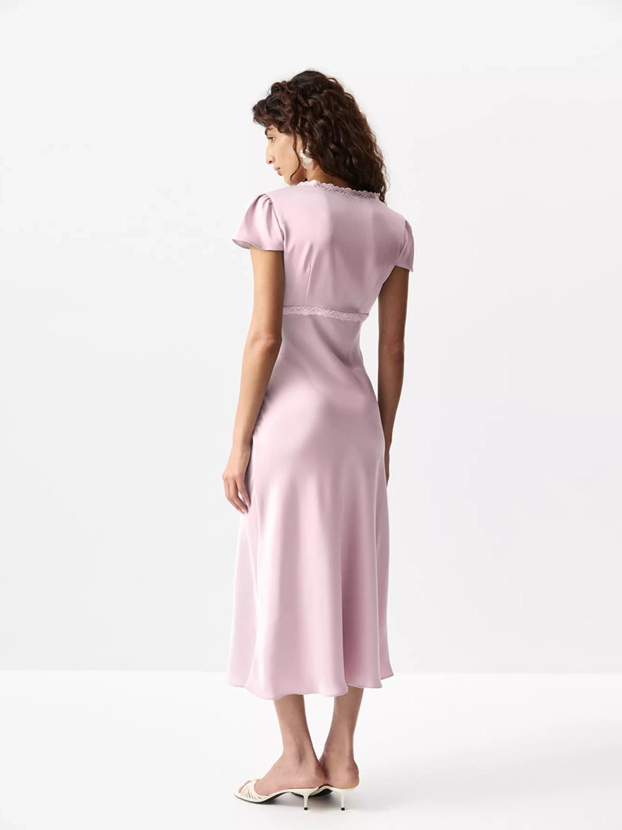 Aliyah Satin V Neck Lace Matched Dress