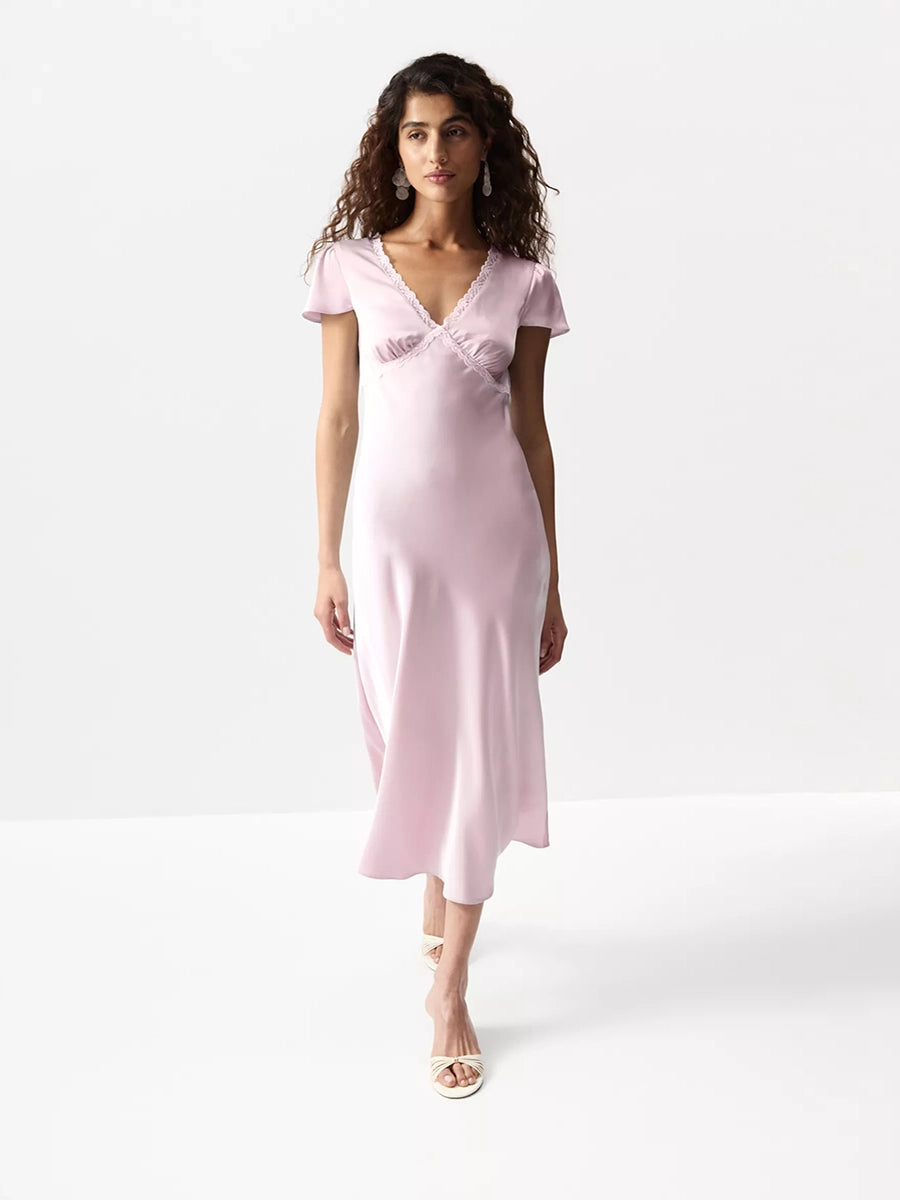 Aliyah Satin V Neck Lace Matched Dress