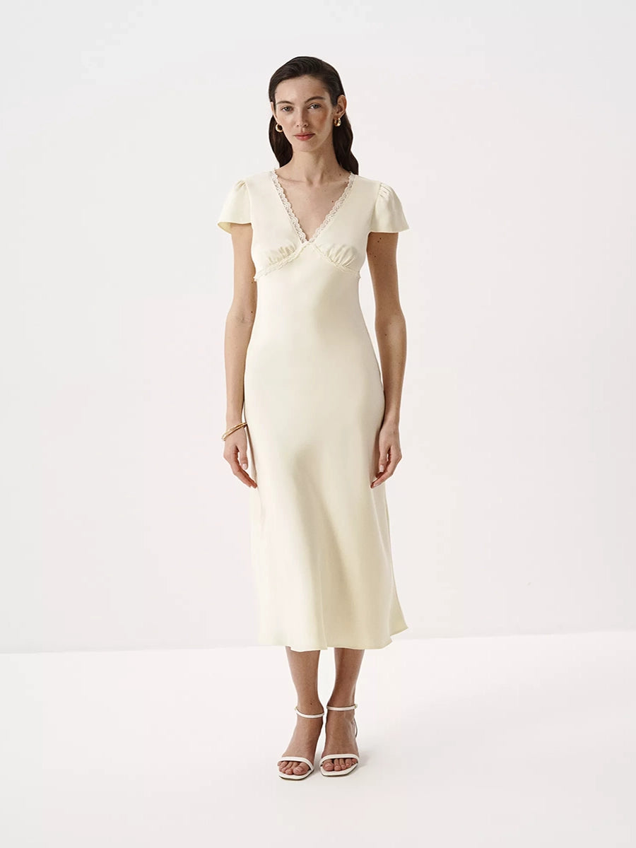 Aliyah Satin V Neck Lace Matched Dress