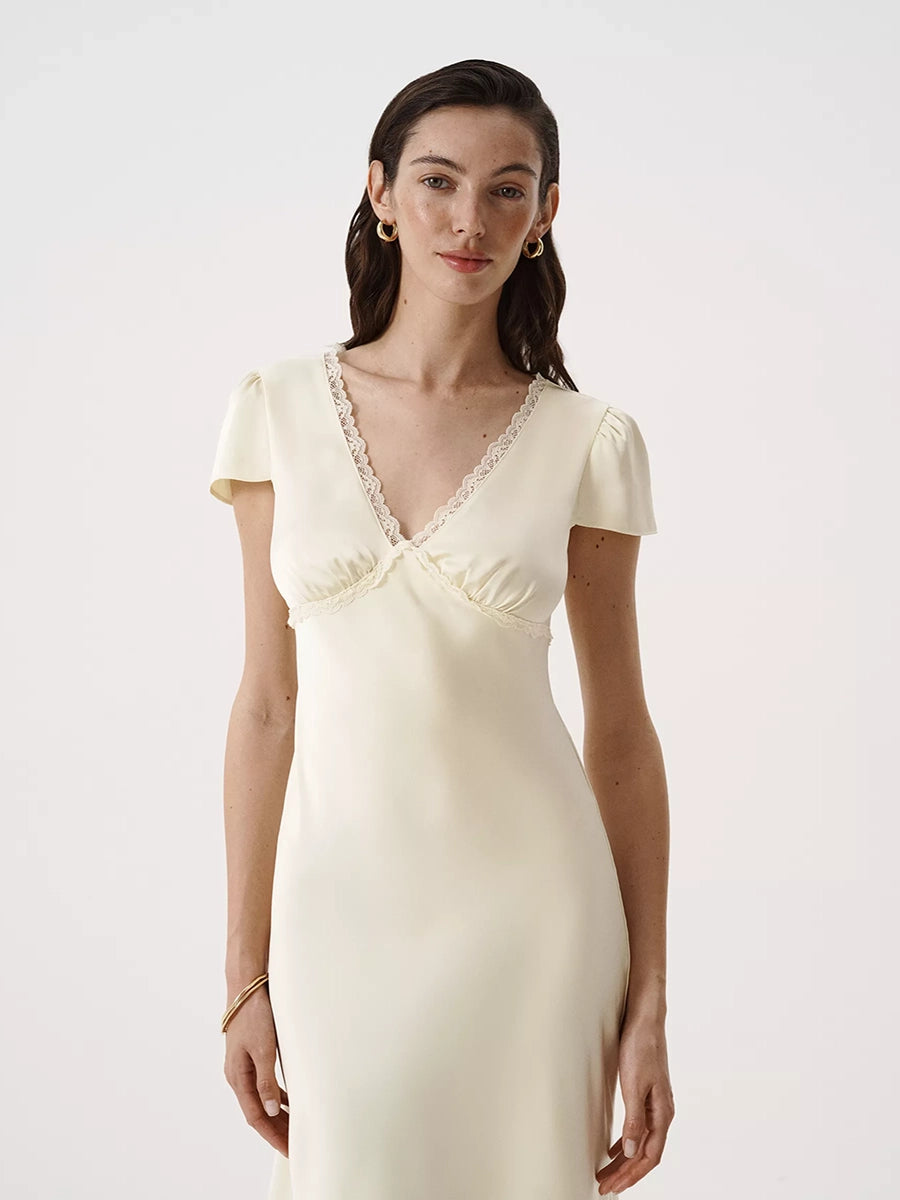 Aliyah Satin V Neck Lace Matched Dress