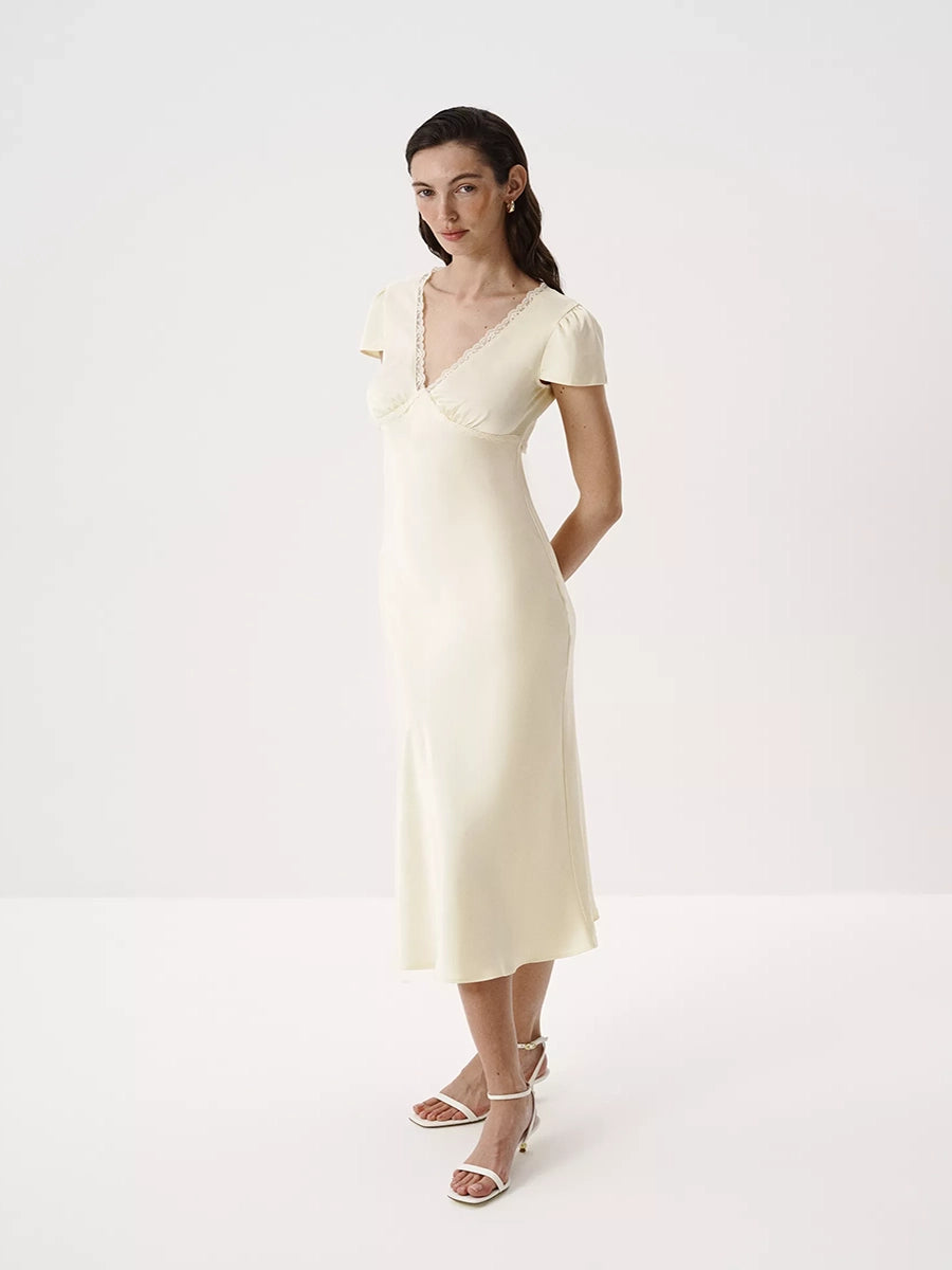 Aliyah Satin V Neck Lace Matched Dress