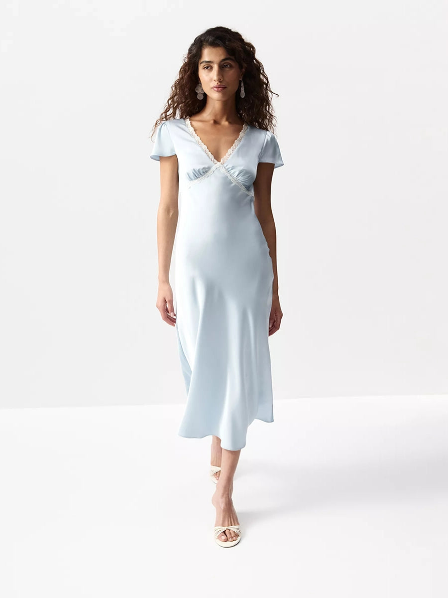 Aliyah Satin V Neck Lace Matched Dress