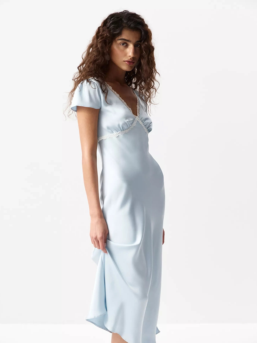 Aliyah Satin V Neck Lace Matched Dress