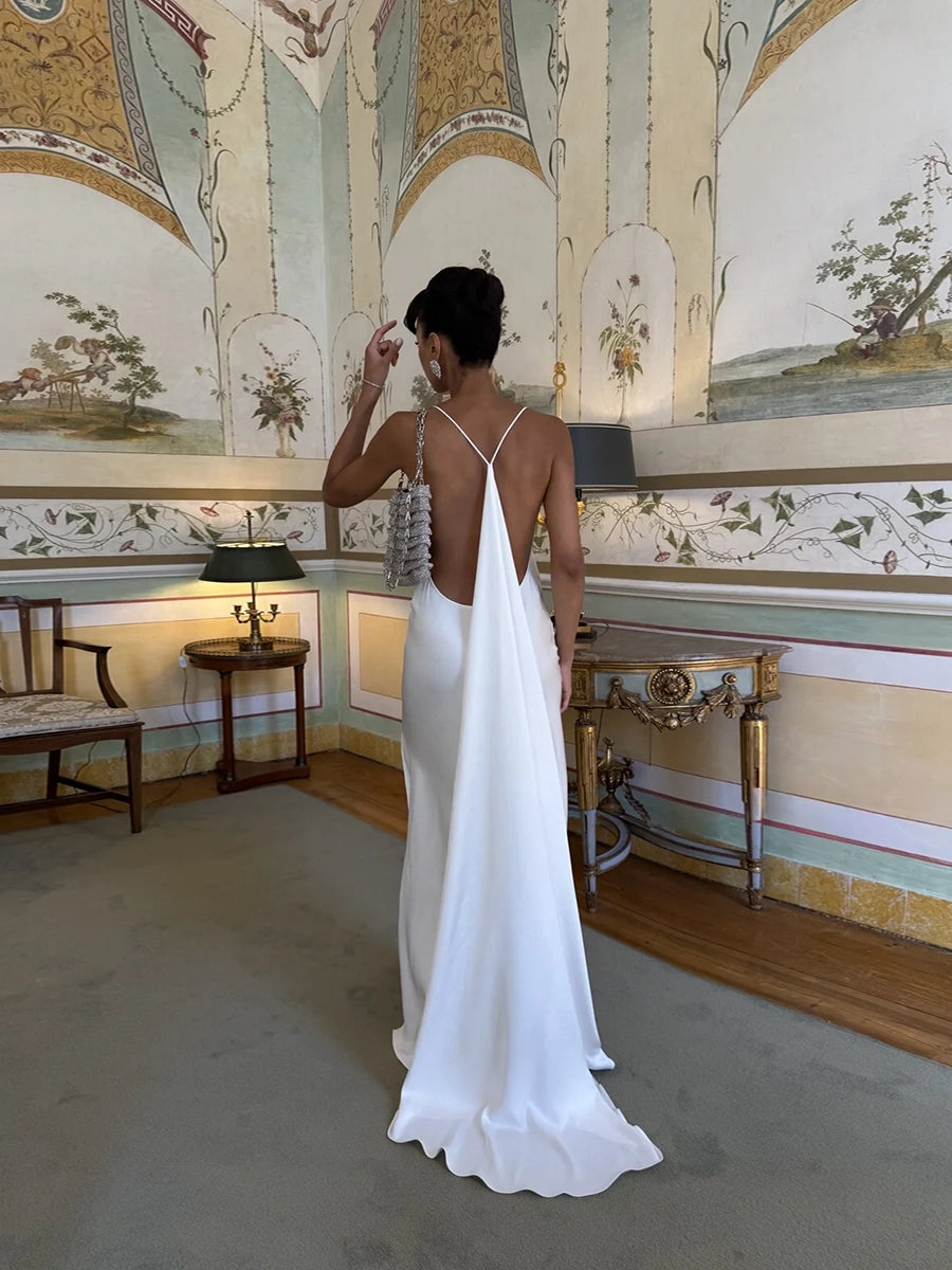 Allie Backless Satin Long Sling V-Neck Sleeveless Dress
