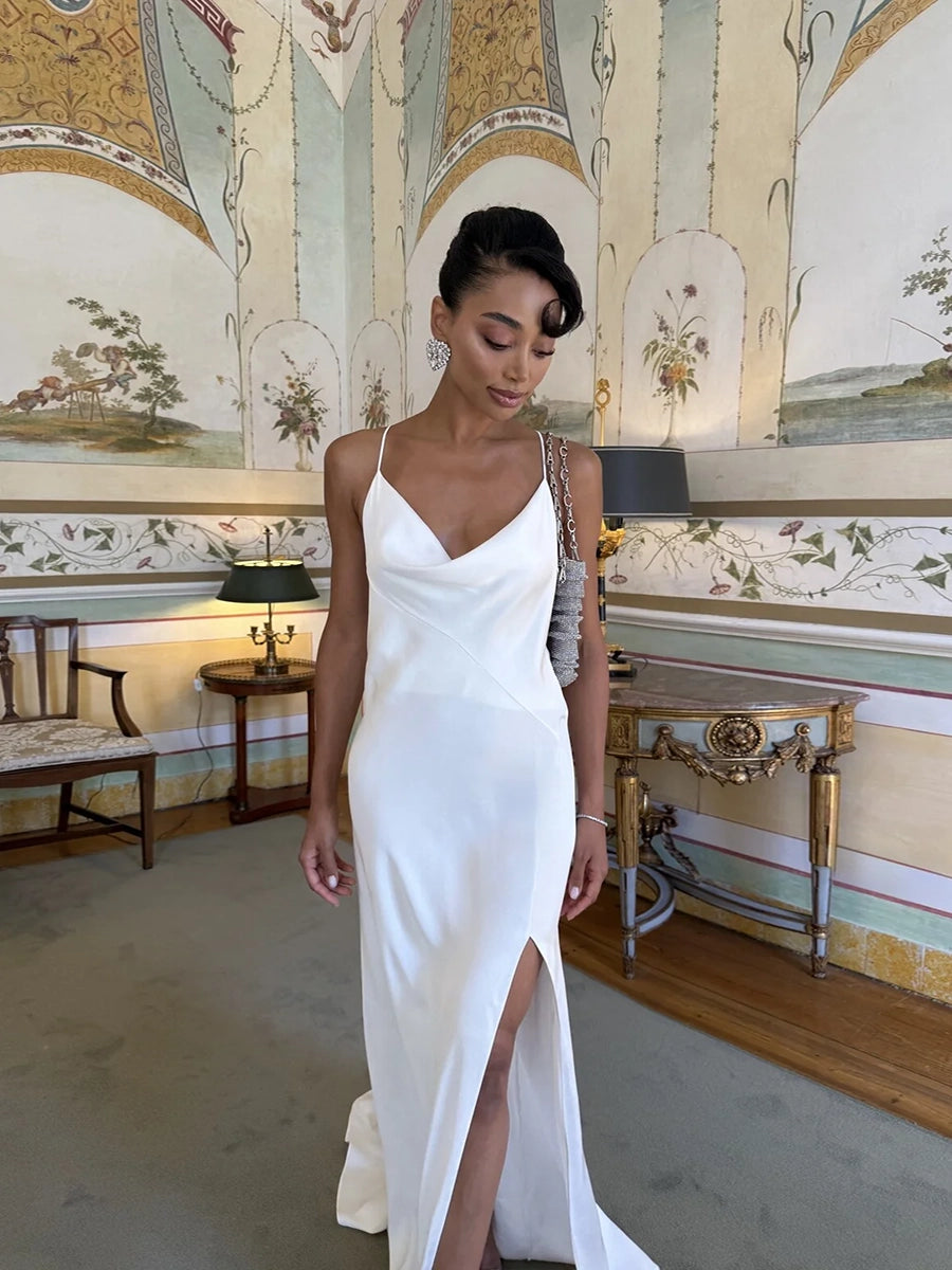 Allie Backless Satin Long Sling V-Neck Sleeveless Dress