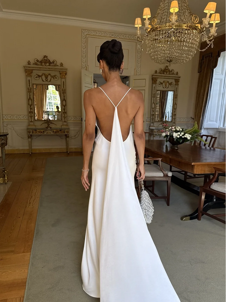 Allie Backless Satin Long Sling V-Neck Sleeveless Dress
