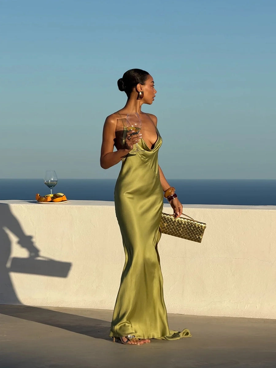 Allie Backless Satin Long Sling V-Neck Sleeveless Dress