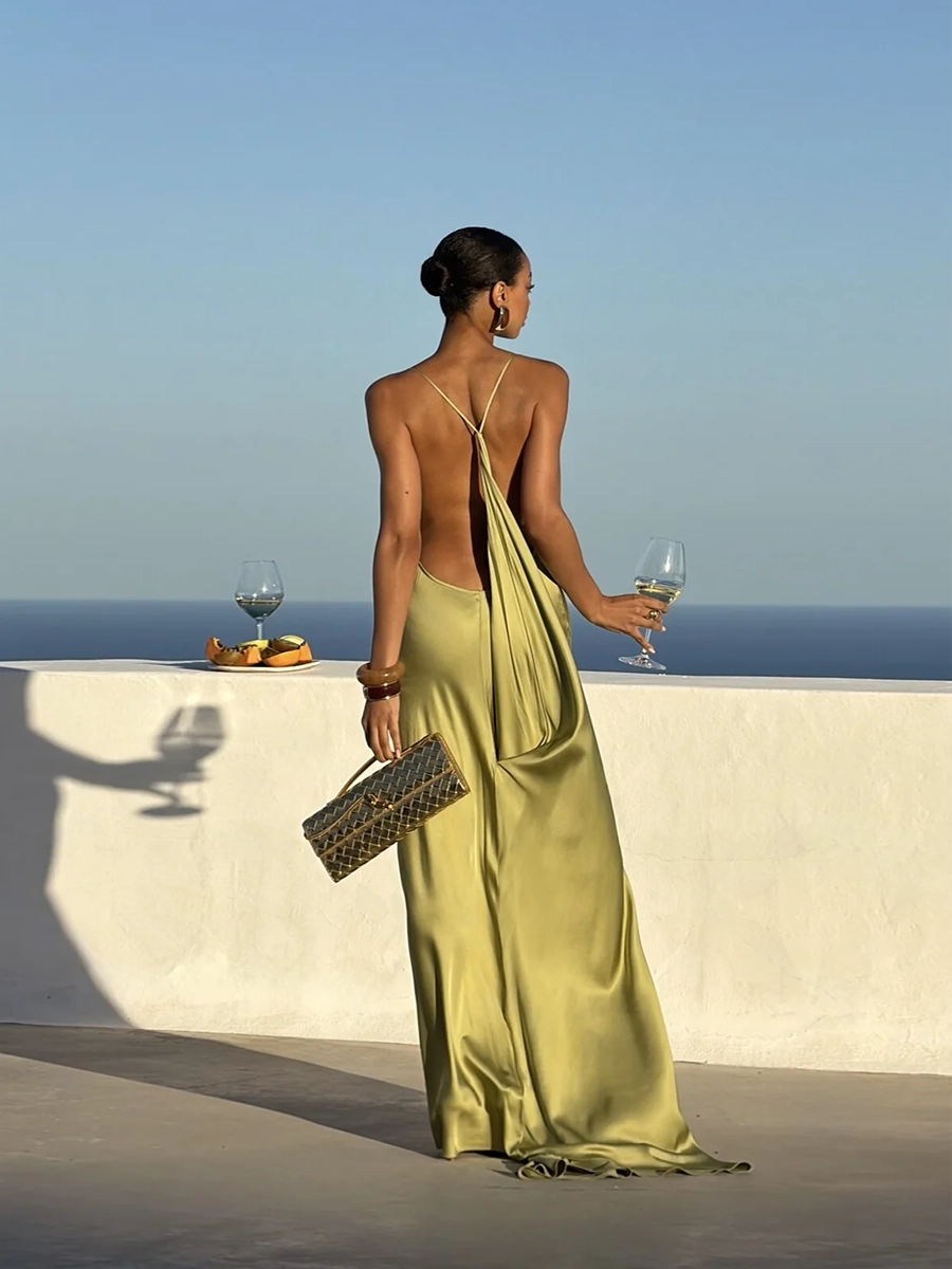 Allie Backless Satin Long Sling V-Neck Sleeveless Dress