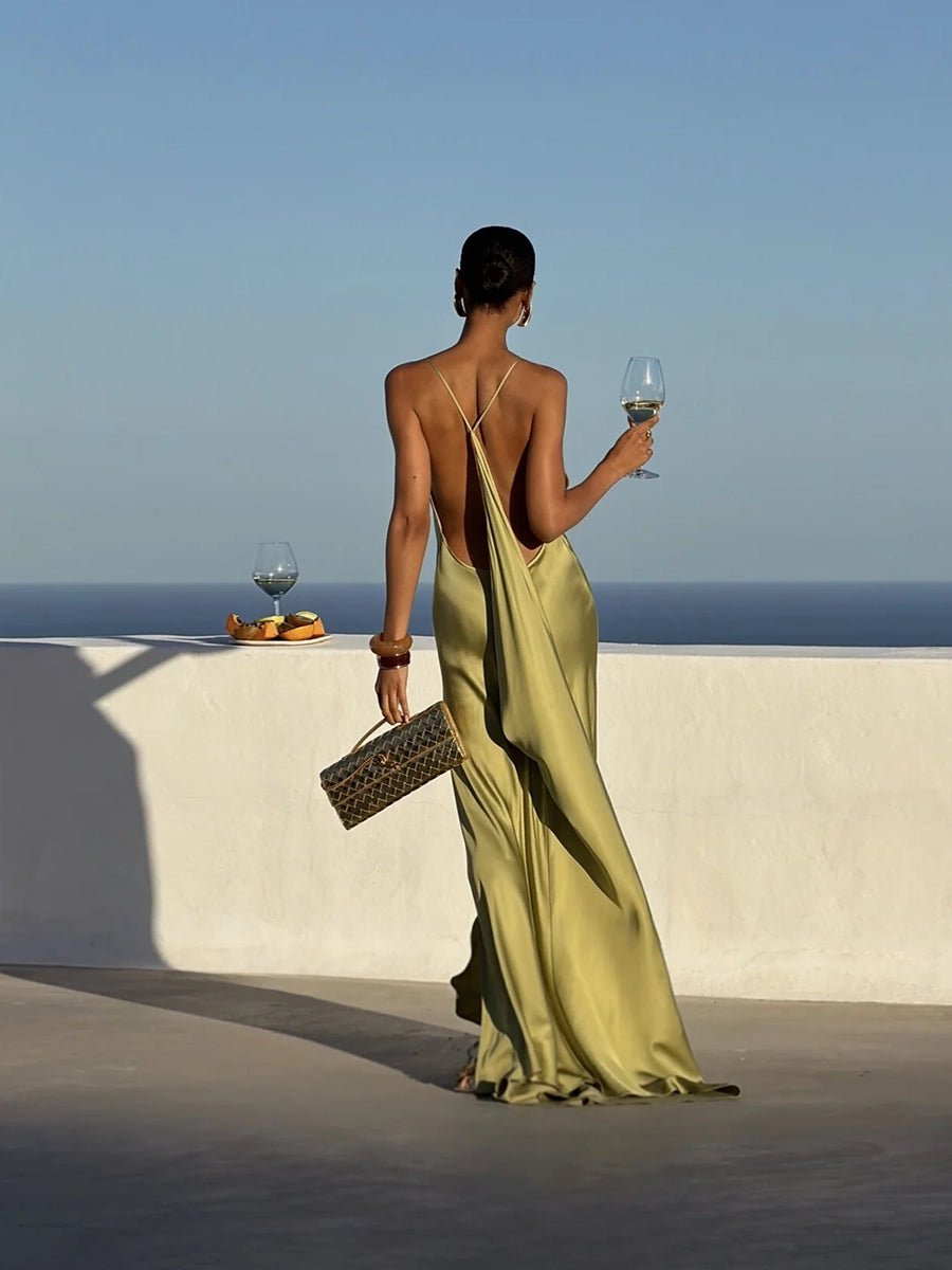 Allie Backless Satin Long Sling V-Neck Sleeveless Dress