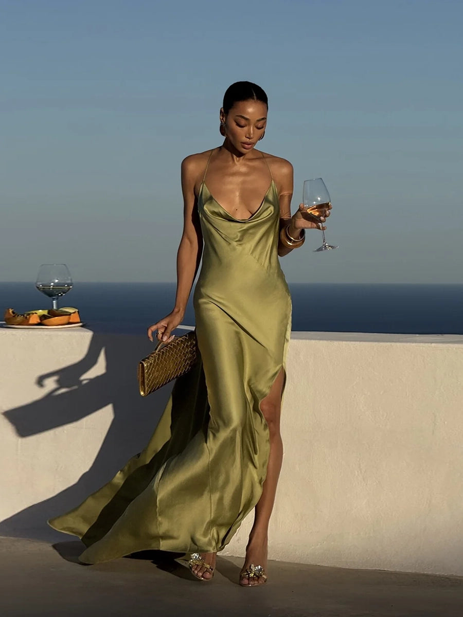 Allie Backless Satin Long Sling V-Neck Sleeveless Dress