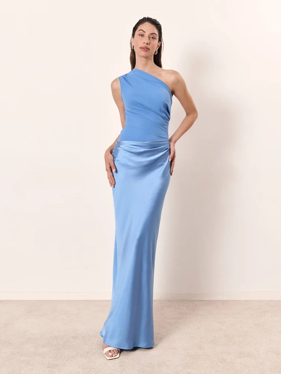 Allilope Crossbody Pleated Stitching Satin Dress