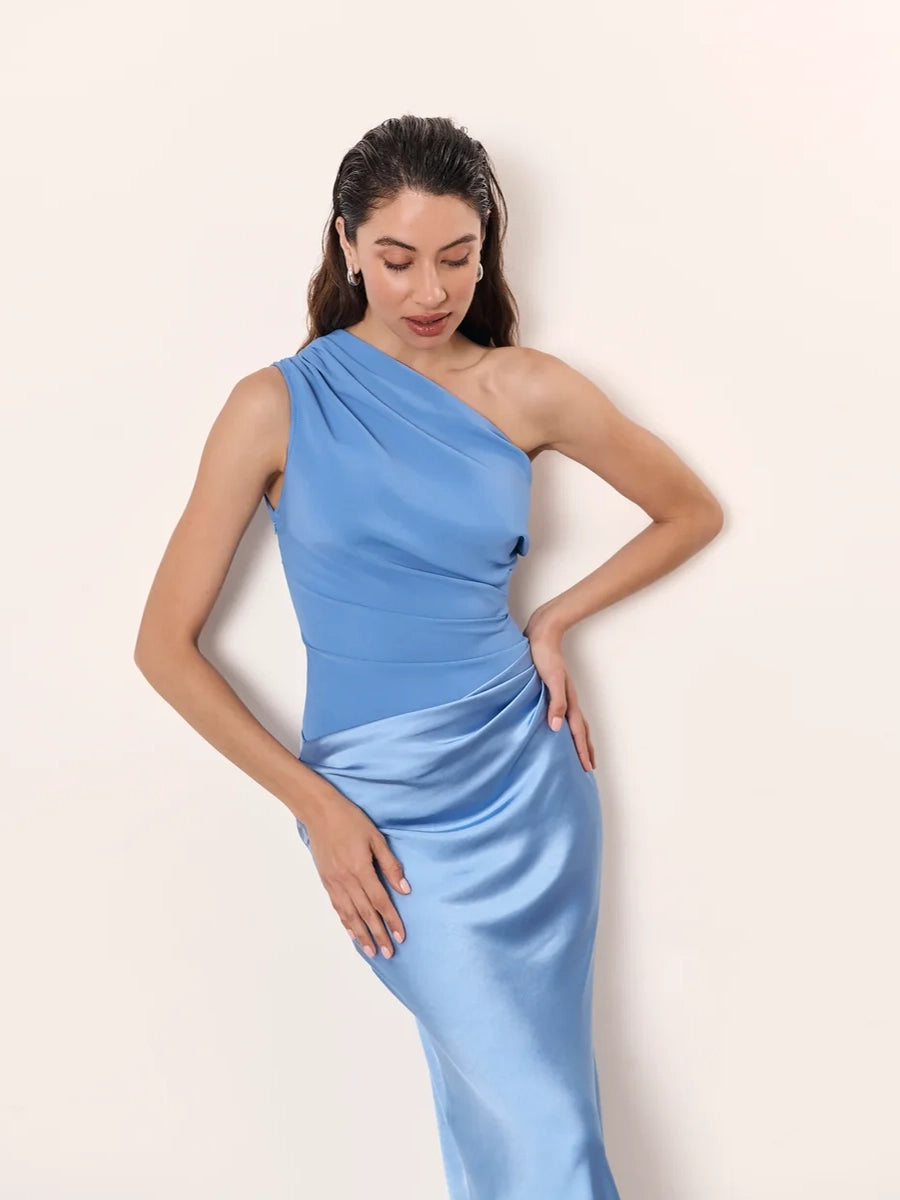 Allilope Crossbody Pleated Stitching Satin Dress