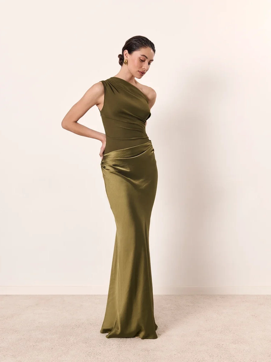Allilope Crossbody Pleated Stitching Satin Dress
