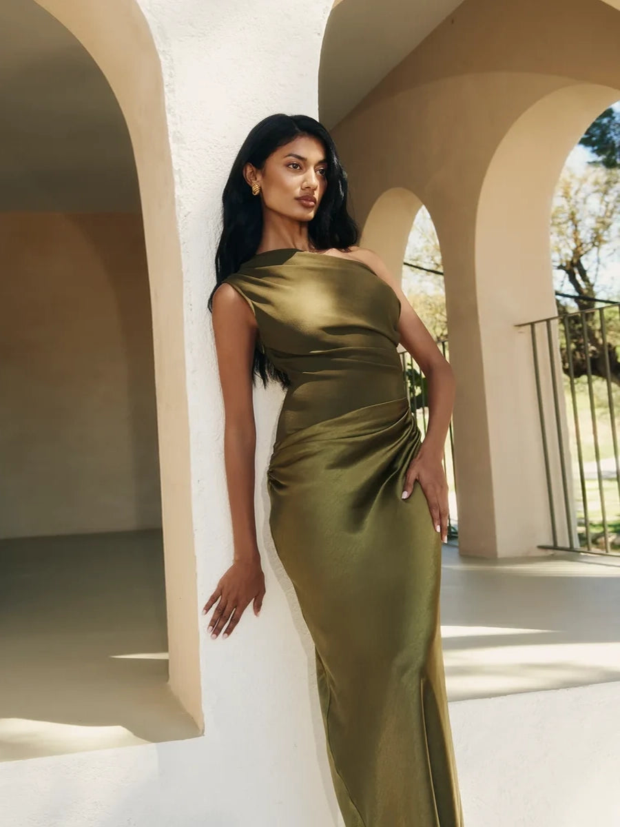 Allilope Crossbody Pleated Stitching Satin Dress