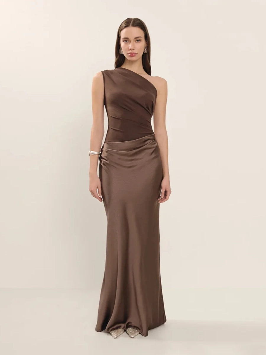 Allilope Crossbody Pleated Stitching Satin Dress