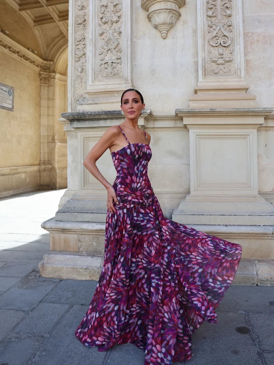 Amelda Elegant Vintage Printed Sleeveless Backless Maxi Dress