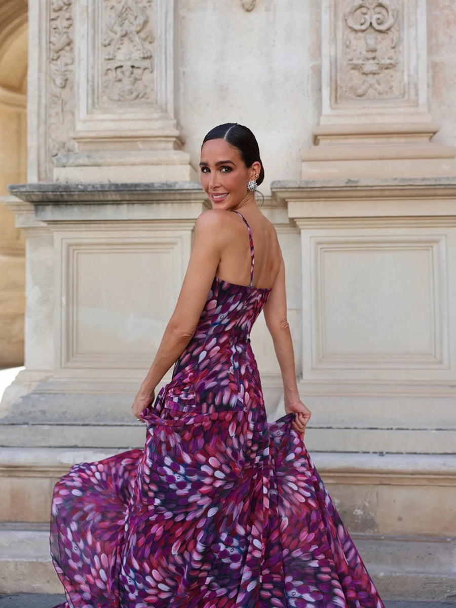 Amelda Elegant Vintage Printed Sleeveless Backless Maxi Dress