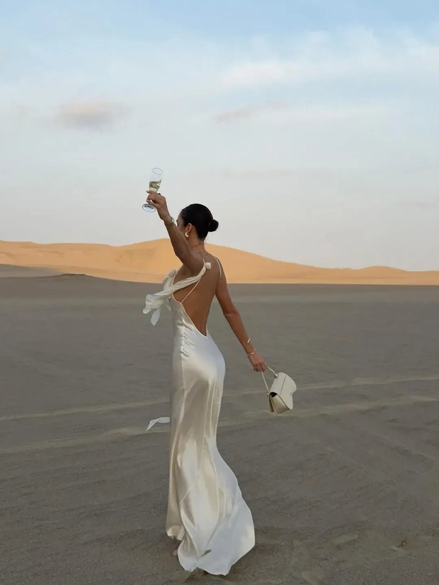 Amita Backless White Suspender Flower Dress