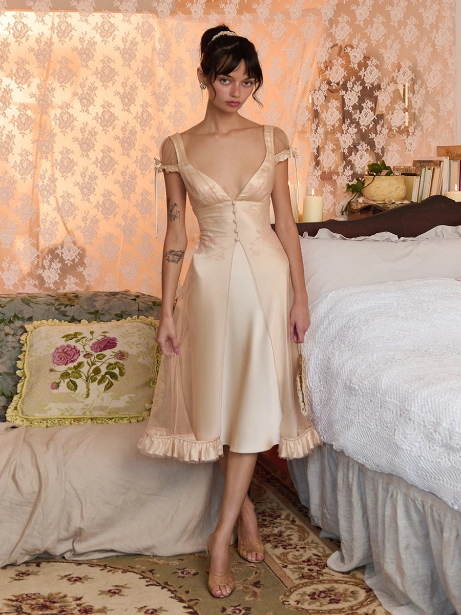 Amity Vintage Chic Deep V-Neck Mesh Spliced Satin Dress